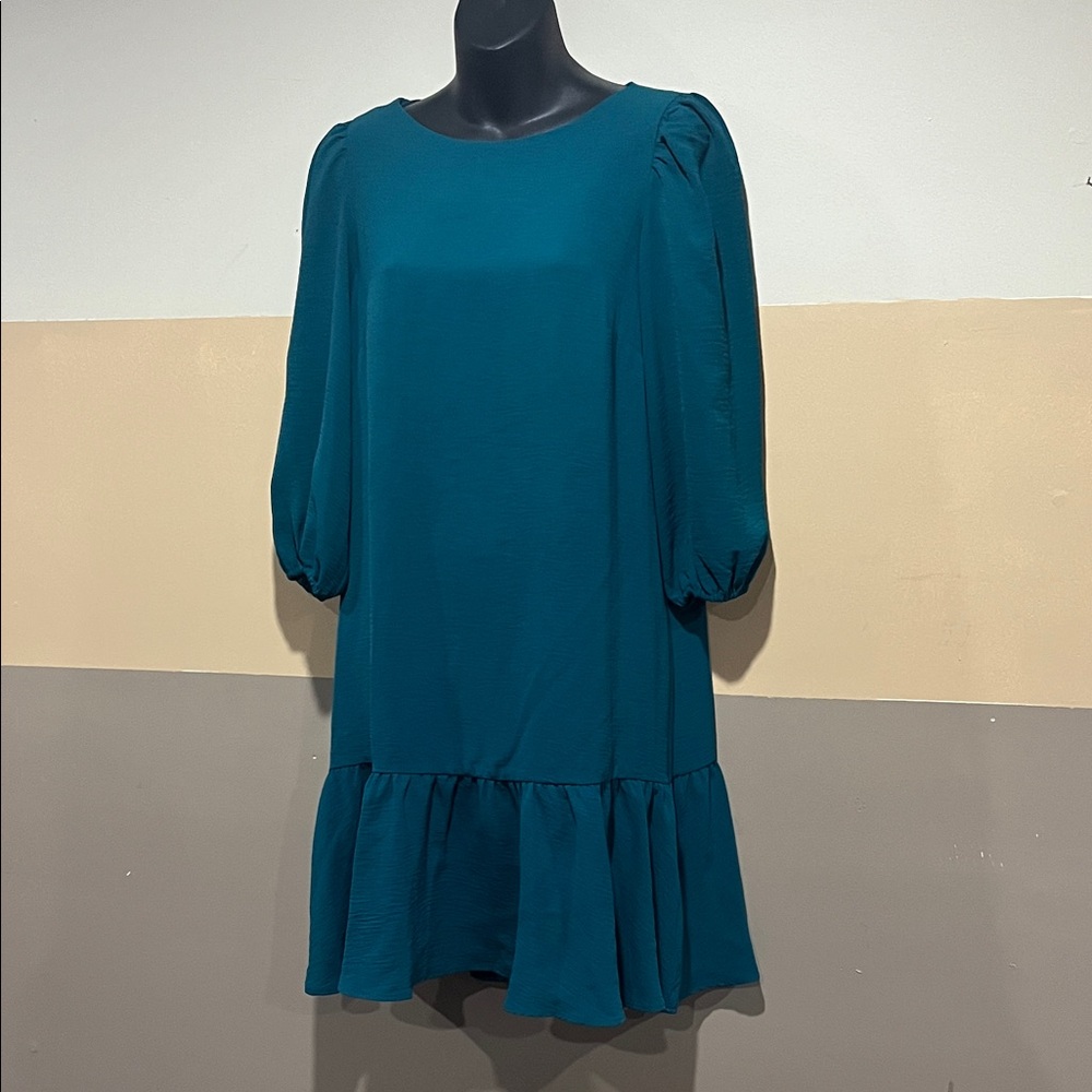 🩵 DKNY Teal Ruffle Hem Long Sleeve Dress Women’s Size 8